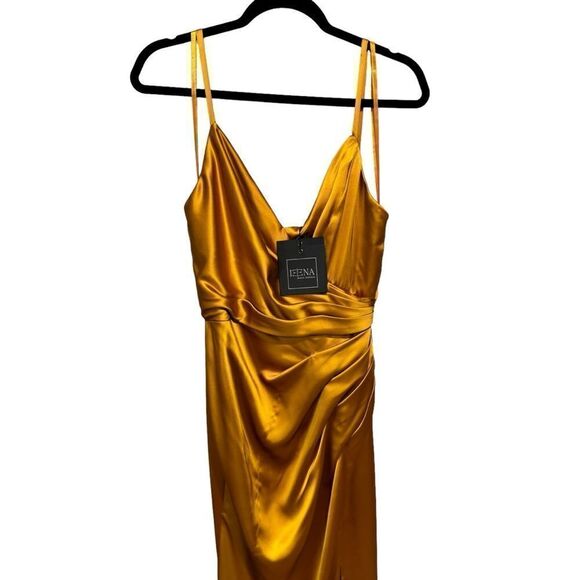Revolve Mac Duggal Ieena SATIN SLEEVELESS FAUX WRAP RUCHED GOWN in Marigold - Picture 4 of 12